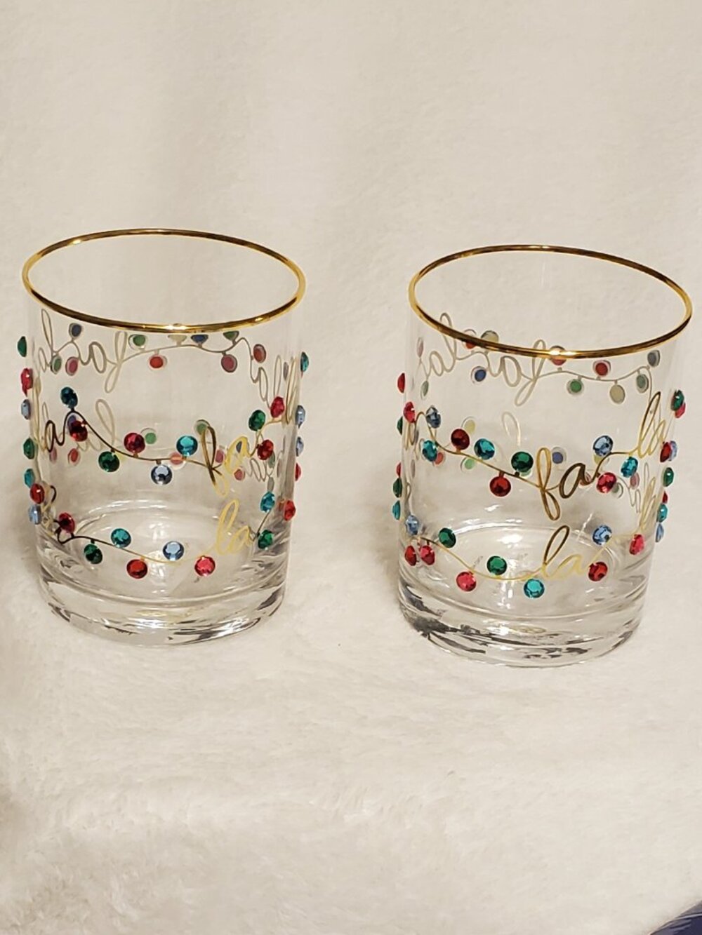 Mary Square Rhinestone Lights Rocks Glass Set -Gold Rim Brand New! Great Gift!